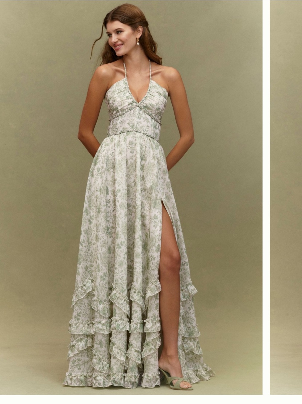 V. Chapman Sage Green Toile High-Low Ruffled Maxi Skirt